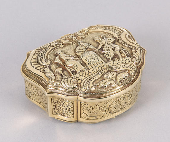 A late 19th century French gold cartouche-shaped snuff box, maker's mark G. K,