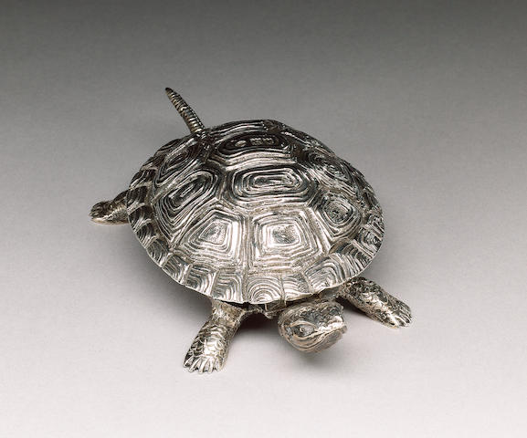 A Victorian silver tortoise table bell, by Joseph Braham, London 1898,