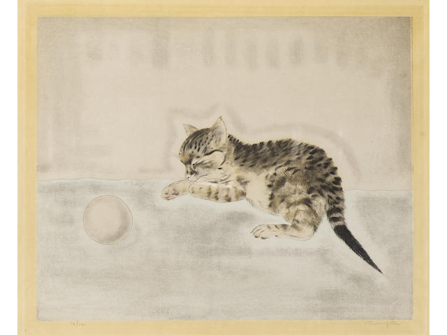 Tsuguharu Foujita Charton avec une balle Etching, aquatint and roulette, 1929, from 'Les Chats', printed in colours, a crisp impression, on Chine-colle paper, with margins, signed and numbered 16/100 in pencil; faint time staining in the margins, unexamined out of the frame, 310 x 375mm (12 1/4 x 14 3/4in)(PL)
