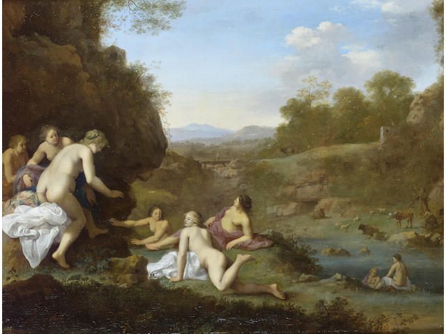 Cornelis van Poelenburgh (Utrecht circa 1586-1667) An Italianate landscape with nymphs bathing at a river, 33.7 x 44 cm. (13&#188; x 17&#188; in.)