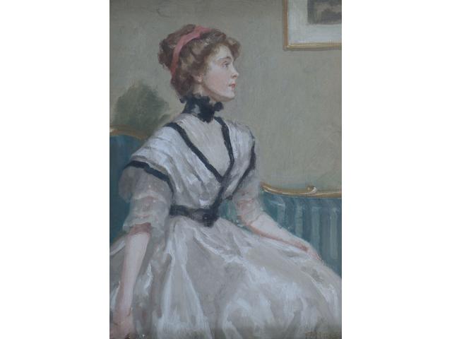 Francis Edwin Hodge (1983-1949) 'Portrait of a lady in a white dress with black trim' 34 x 25cm