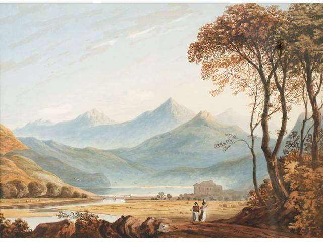 Manner of John Varley, O.W.S. 'Figures in a mountain landscape' 50 x 66cm.