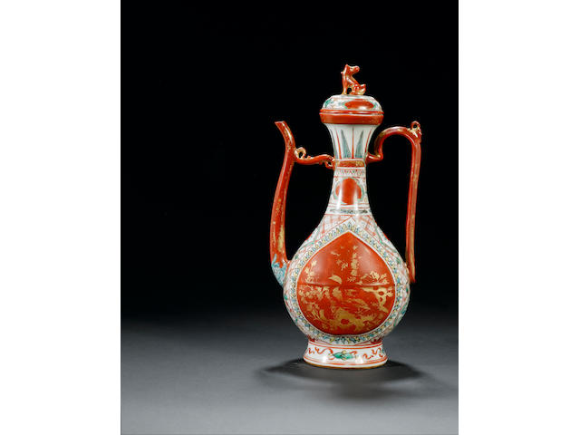 An extremely rare iron-red and wucai kinrande ewer and cover Jiajing