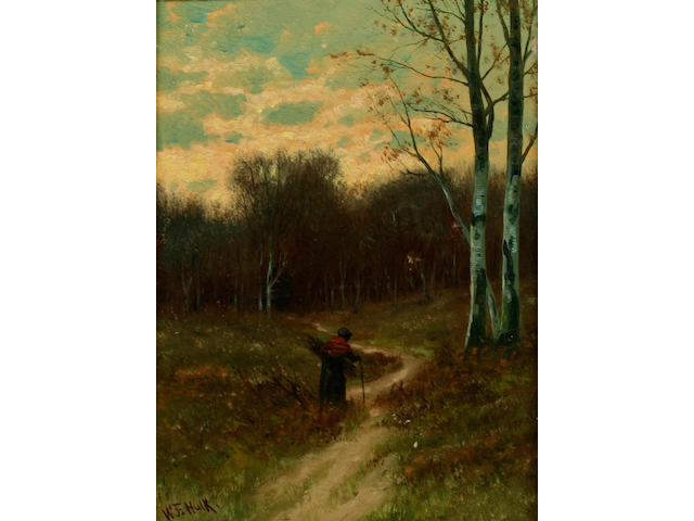 William Frederick Hulk (1852-1906) Woman gathering sticks on a woodland path,