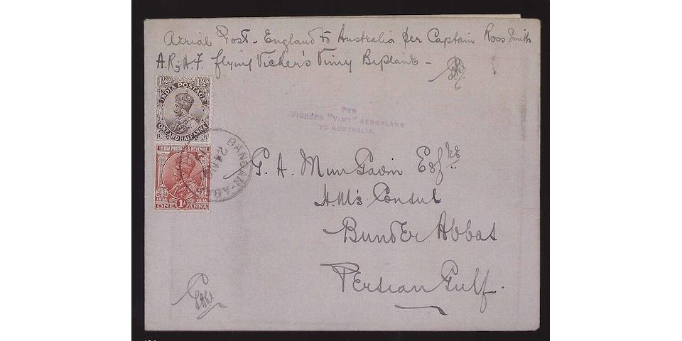 Airmails: 1919 Envelope franked India 1&#189;a. tied by Bandar-Abas cds, violet "PER/VICKERS "VIMY" AEROPLANE/TO AUSTRALIA" handstamp with original enclosure saying "They left Basra this morning at 6.40 and arrived here without calling at Bushire at 3pm", rare.