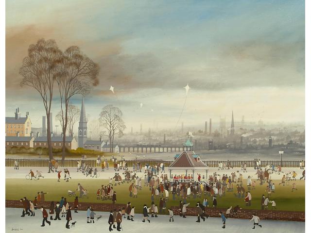 Brian Shields (Braaq) (1951-1997) Bandstand in the park with an industrial landscape beyond