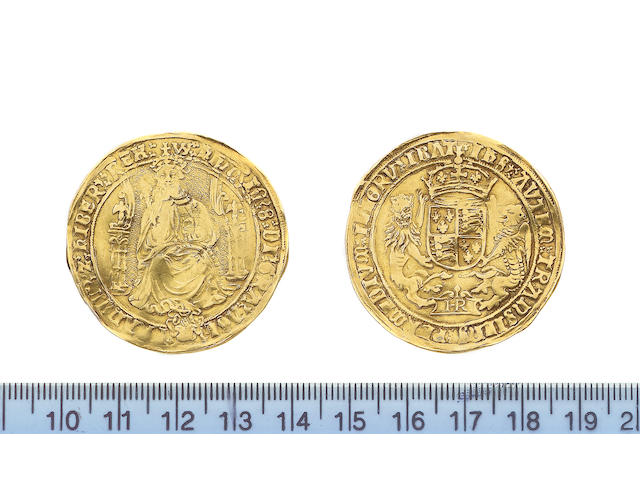 Henry VIII, 1509-1547, third coinage (1544-47), Sovereign, 12.0g, Bristol, WS/none, king with bearded portrait seated facing on throne, holding orb and sceptre, throne with curved sides, rose at feet, HENRIC 8DI GRA AGL FRANCIE Z HIBER REX,