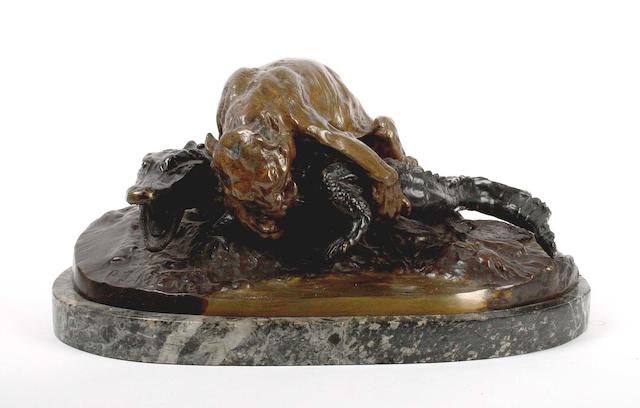 After Pierre Jules Mene (French, 1810-1877): A bronze model of a Jaguar and an Alligator