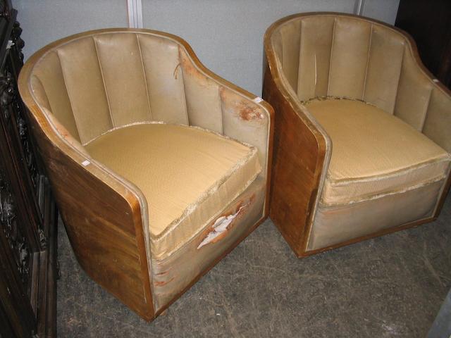 A pair of 1930's Art Deco walnut tub chairs,