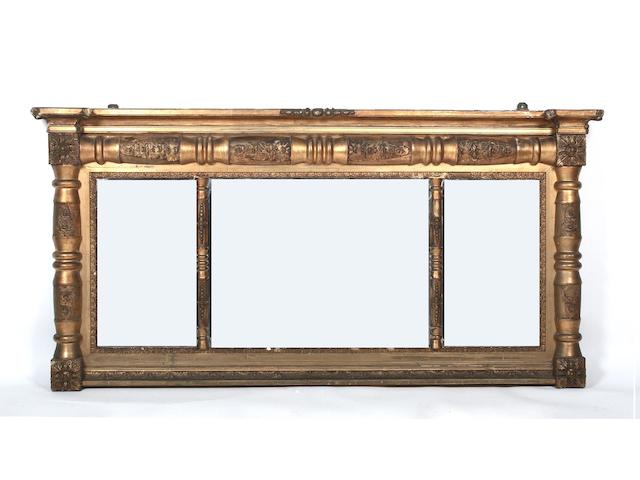 A mid 19th Century American gilt framed three plate overmantel mirror