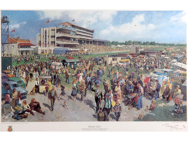 Terence Cuneo (1907-1996) "Derby Day - The scene before the running of the Derby Stakes 1979" 40 x 67cm (15&#190; x 26&#188;in), together with a print of "Troy" by Susan Crawford and "Brigadier Gerard" by Juliet McLeod. (3)