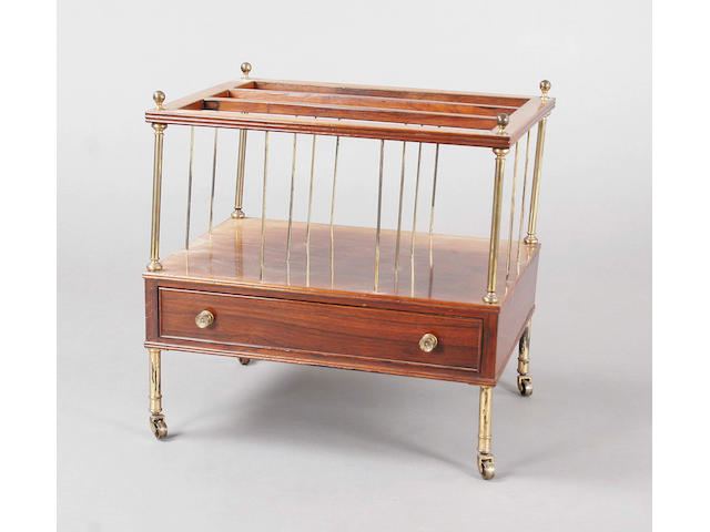 An unusual Regency style rosewood and gilt brass mounted canterbury,