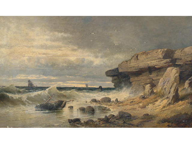 Paul von Tiesenhausen (1837 - 1876) Rocky coastal landscape with washed-up boat,