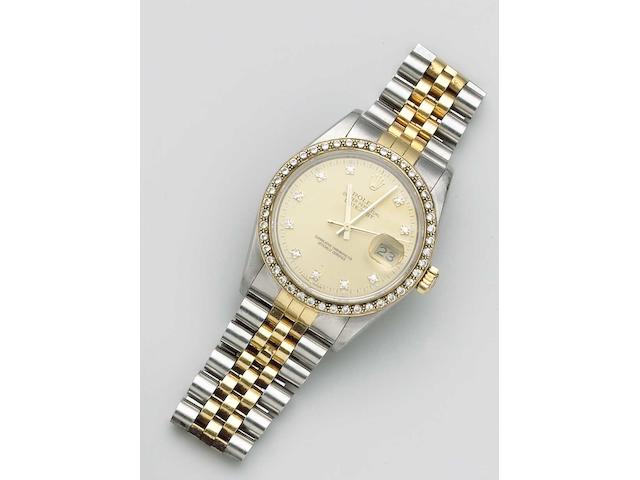 Rolex. A steel and gold diamond set automatic bracelet watchRef:16000