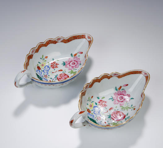 A pair of famille rose oval sauce boats Chinese 18th century