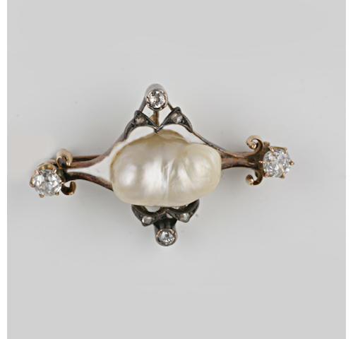 A baroque pearl and diamond brooch,