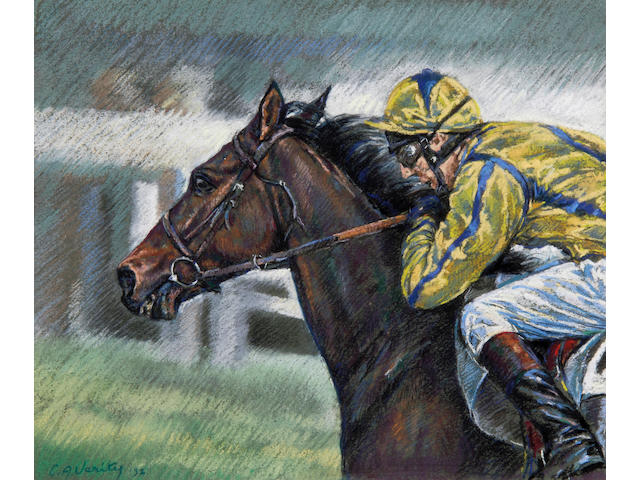 Claire A. Verity (Contemporary) Bay horse with jockey in yellow silks with blue stripe