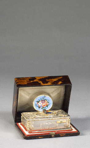 A Charles Bruguier silver, silver gilt and enamel singing bird box, Swiss, circa 1825,