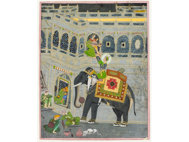 A Kishangarh prince arriving by elephant to escape with his mistress from a palace at night, guards sleeping at a doorway below Kishangarh, circa 1780-90