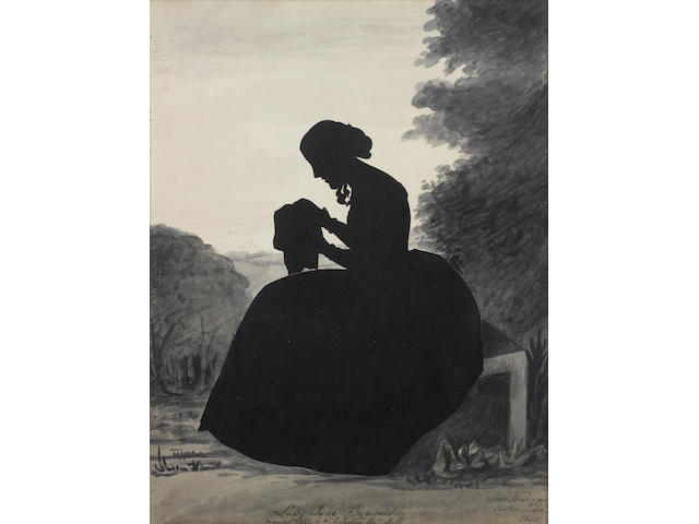 Lady Louisa Kerr, A silhouette of Lady Jane Fitzgerald (1824-98), profile to the left, seated in a landscape doing needlework