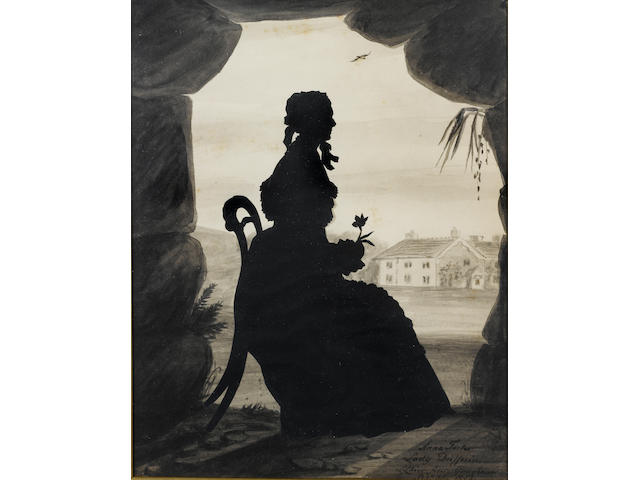 Lady Louisa Kerr, A silhouette of Lady Anne Dufferin (n&#233;e Foster) (d.1865), profile to the right, seated holding a flower, a house in the background