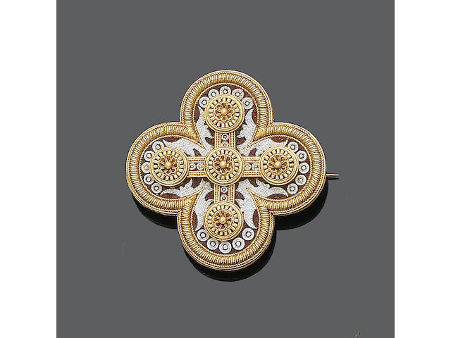 A mid 19th century gold and micro-mosaic brooch, by Pierret,