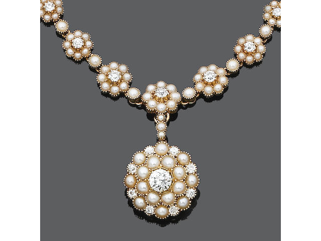 A late 19th century diamond and seed pearl necklace, brooch/pendant and bangle suite, (3)