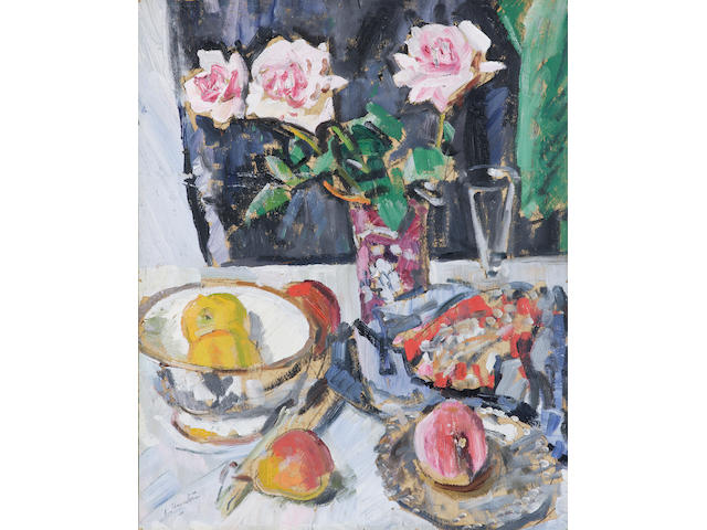 George Leslie Hunter (1877-1931) Still life of pink roses, fruit, glass and fabrics