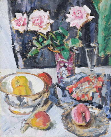 George Leslie Hunter (1877-1931) Still life of pink roses, fruit, glass and fabrics