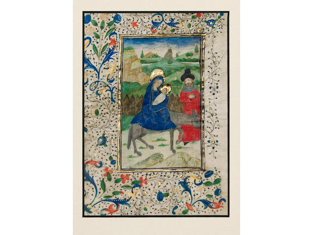 ILLUMINATED MANUSCRIPT LEAF The Flight into Egypt, Mary and Child on a donkey, led by Joseph against a landscape background of hills and trees