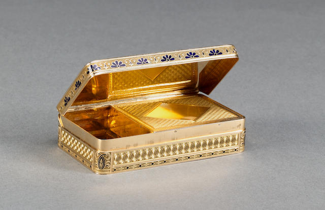A fine gold and enamel musical snuff box, Swiss, early 19th century, case by Jean Georges et Cie,