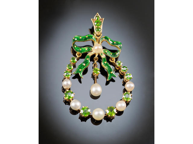 A late Victorian demantoid garnet, seed pearl and enamel pendant,