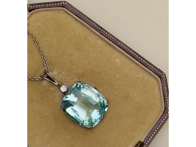 An aquamarine and diamond pendant