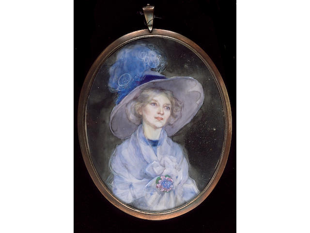 Bess Norriss, A Lady, wearing blue hat adorned with an ostrich feather, blue dress and  matching robe and floral brooch