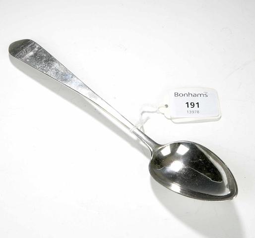 A pointed end Tablespoon, by JJ, Greenock, circa 1800, five marks, JJ, anchor, indistinct ship mark, C, oak tree,