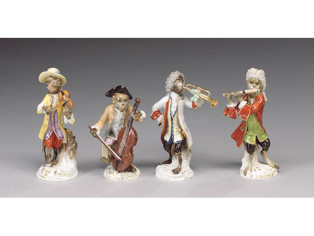 Four Meissen 'Monkey Band' figures and ten other Continental porcelain 'Monkey Band' figures