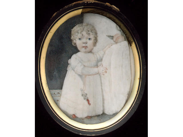 English School, Four miniatures: a Baby, dressed in white holding a coral rattle; a Child, with a gun in a landscape; a Lady, wearing white dress and bonnet and a Gentleman, wearing a blue coat
