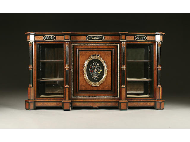 A fine mid-Victorian ormolu- and cabochon-mounted amboyna and ebonised credenza or side cabinet