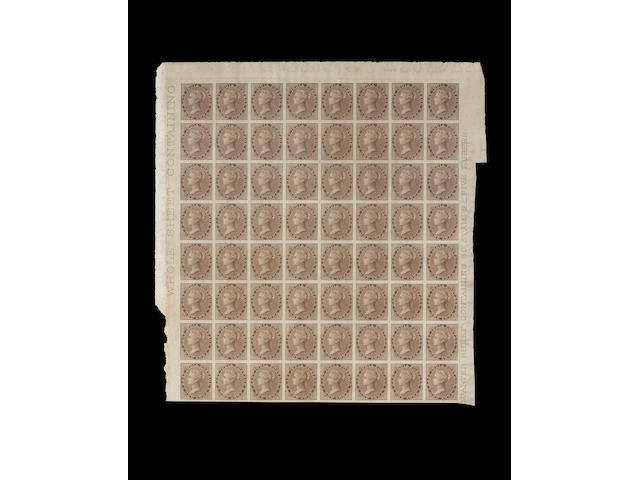 India: 1856-64 1a. brown unused imperforate block of 64 with good margins and showing marginal inscriptions, some slight staining but a rare block SG cat. &#163;24,000 (623)