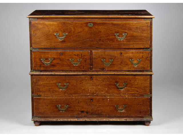 A good early 19th Century teak secretaire campaign chest