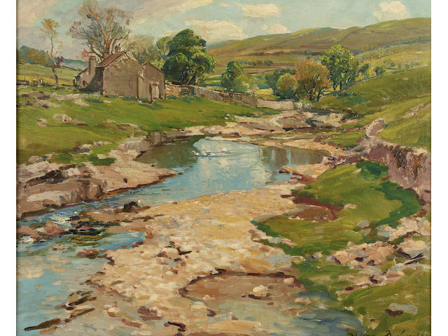 Samuel John Lamorna Birch (1869-1955) River landscape with barn, possibly in the Yorkshire Dales,
