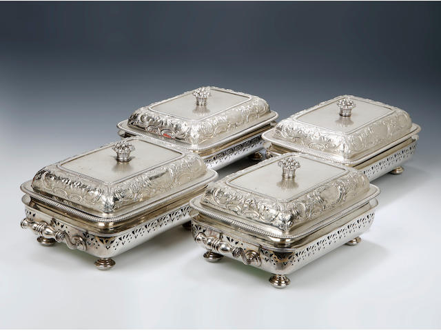 A fine set of four Entree Dishes, Covers and Stands By Paul Storr, London 1804,