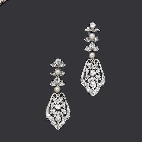 Bonhams : A pair of diamond and seed pearl earrings
