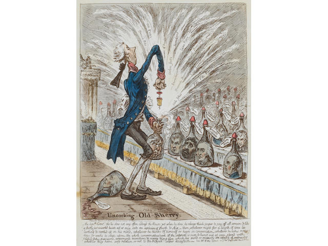 James Gillray Uncorking Old Sherry Etching, 1805, with hand colouring, on wove, with margins, published March 10th by H Humphrey, London; apparently in good condition, unexamined out of the frame, 355 x 250mm (14 x 9 7/8in)(PL)