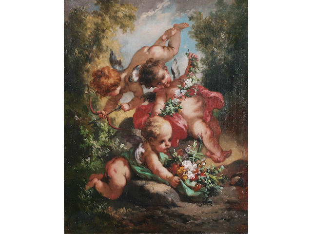 V* Schunten (19th Century) European Putti with a garland, a posy and a bow and arrow,