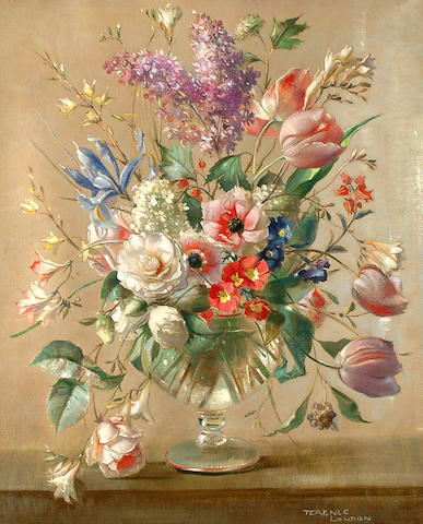 Terence Loudon - Still life of flowers, oil on canvas, signed (British, exh. 1921-1940) A still-life of flowers in a glass vase.