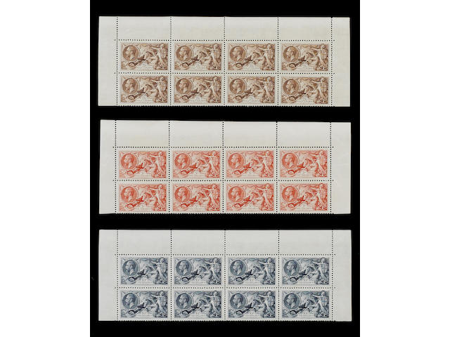 1934 re-engraved: 2/6 to 10/- set in top of sheet blocks of eight, a few very light gum bends otherwise fine and very fresh unmounted mint.