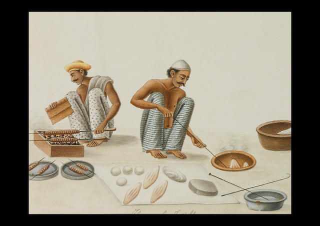 Kebab sellers making bread and cooking meat on skewers Patna, circa 1830