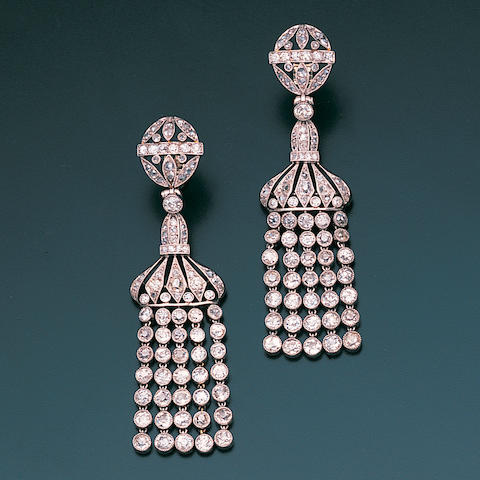 Bonhams : A pair of belle époque diamond pendent earrings,