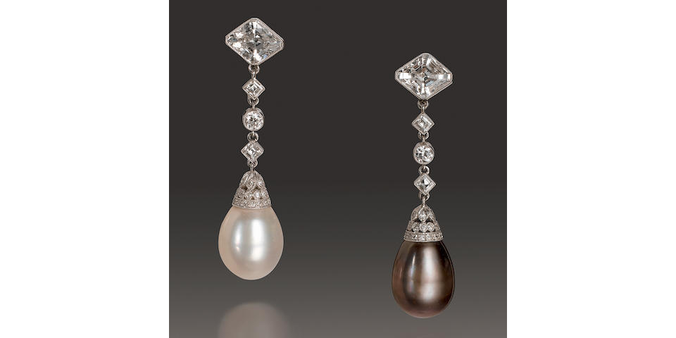 A pair of fine belle &#233;poque natural pearl and diamond pendent earrings,